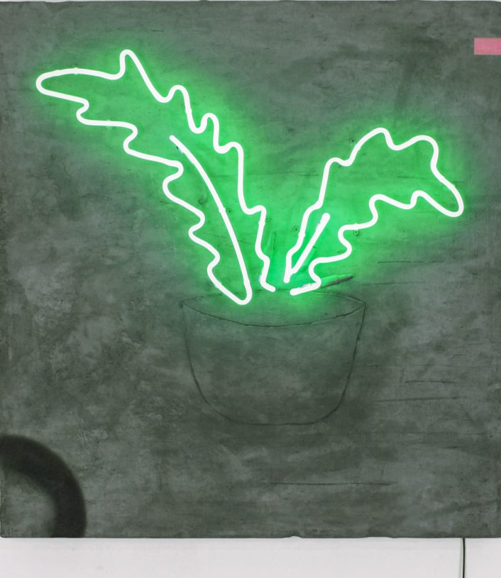 Anestis Ioannou, <i>After Sunset Flowerpot</i>, 2021, neon lights, spraypaint, acrylics and concrete mixture on wood, 85x90x10 cm