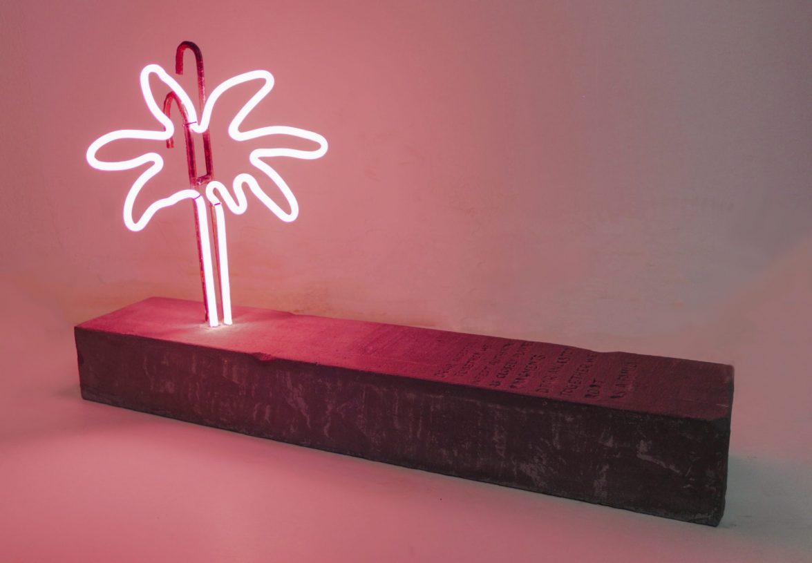 Anestis Ioannou, <i>After Sunset Horizon</i>, 2021, construction iron rod, neon lights and concrete mixture on wood, 70x15x42 cm