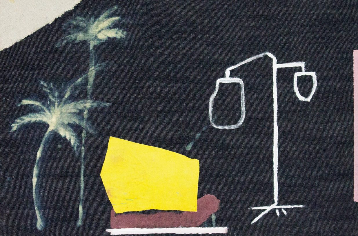 Anestis Ioannou, <i>Chemobed</i>, 2020, acrylics and textile on bleached denim, 40x60 cm 