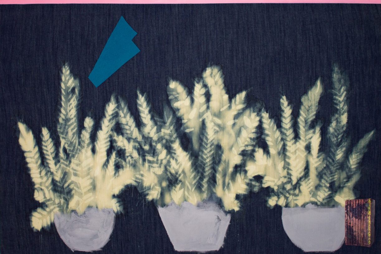 Anestis Ioannou, <i>Flowerpots at Home</i>, 2020, acrylics, textile & collage on bleached denim, 100x150 cm