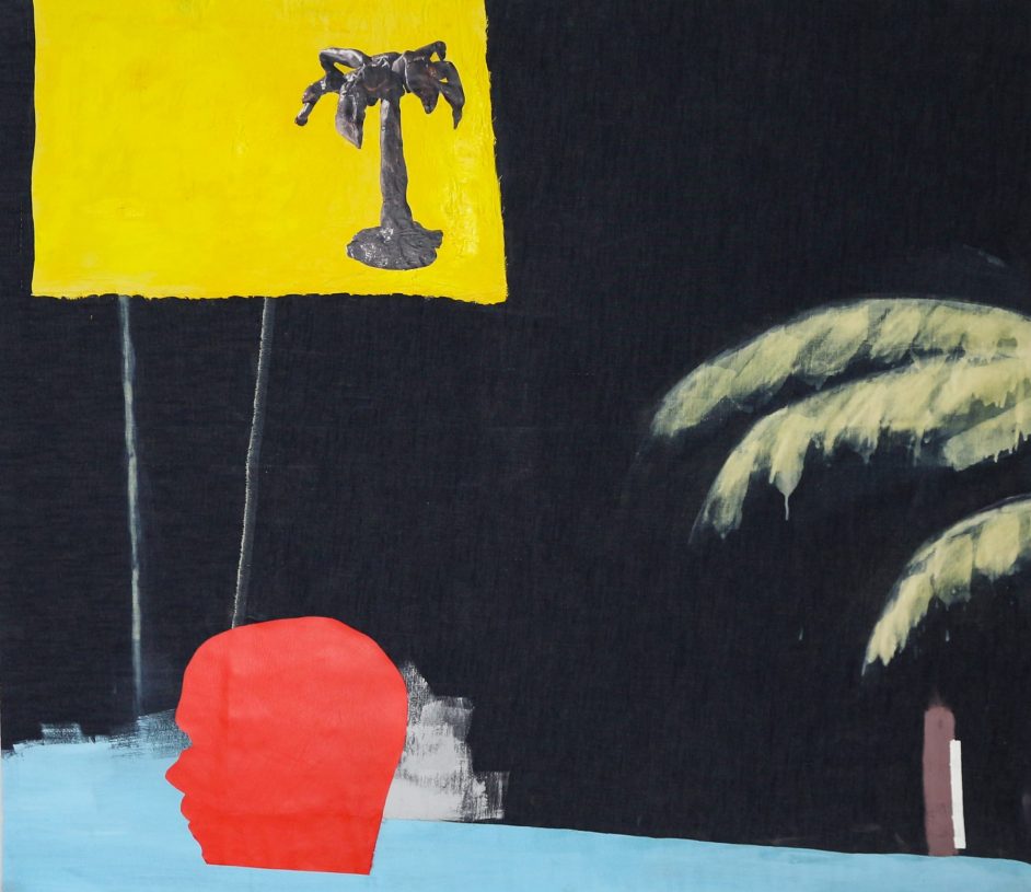 Anestis Ioannou, <i>MRI Thoughts</i>, 2020, acrylics, textile & collage on bleached denim, 160x140 cm