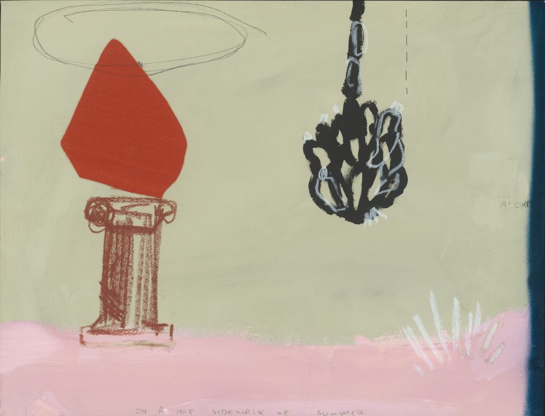 Anestis Ioannou, <i>On a Hot Sidewalk of Summer</i>, 2021, acrylics, oil pastel, pencil and textile on paper, 50x65 cm