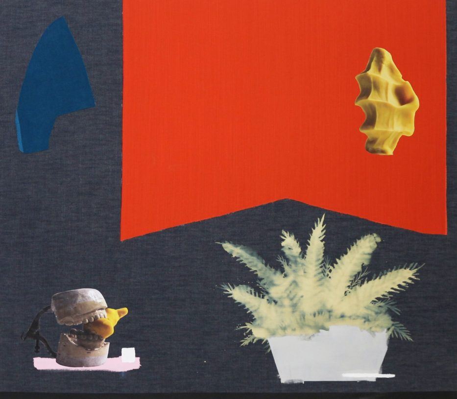 Anestis Ioannou, <i>Rooting Under The Banana Tree</i>, 2020, acrylics, textile & collage on bleached denim, 160x140 cm