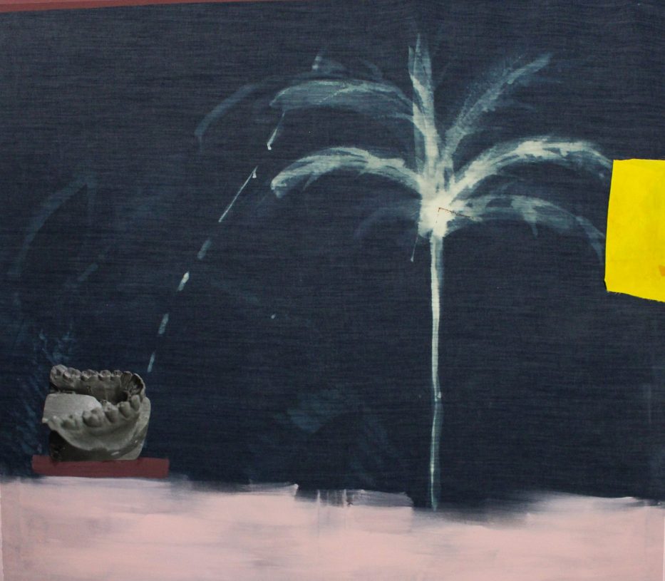 Anestis Ioannou, <i>Sometimes, I Think of Myself as a Future Memory - I</i>, 2020, acrylics, textile & collage on bleached denim, 160x140 cm