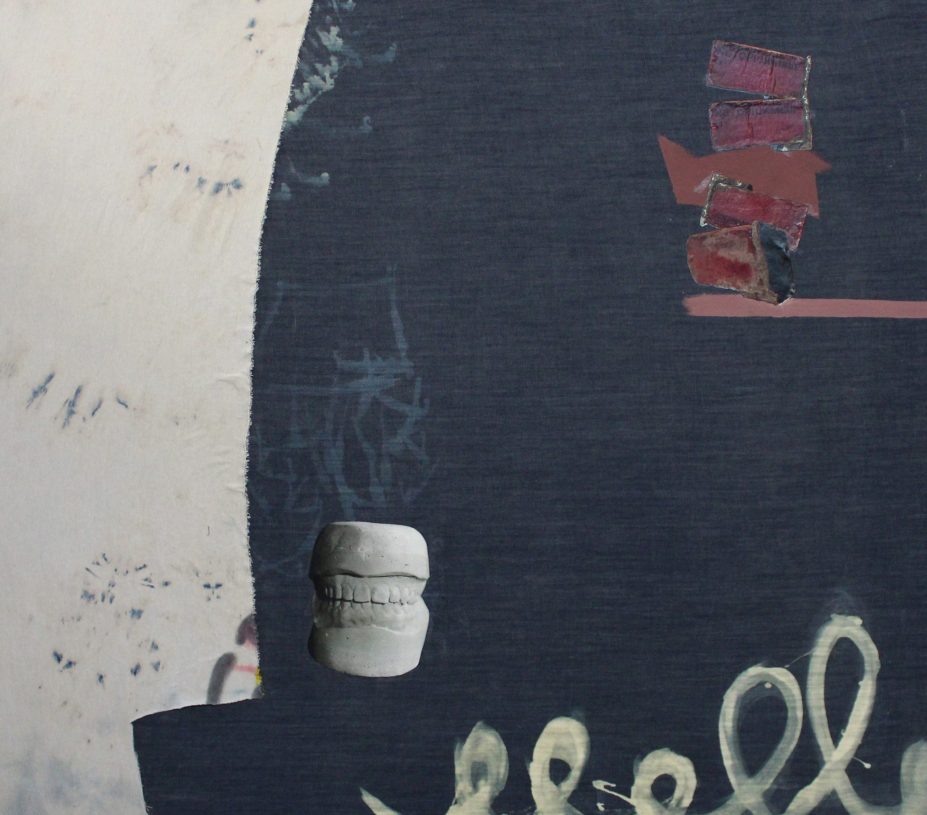 Anestis Ioannou, <i>Sometimes, I Think of Myself as a Future Memory - II</i>, 2020, acrylics, textile & collage on bleached denim, 160x140 cm