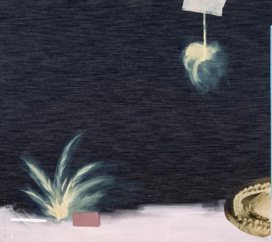 Anestis Ioannou, <i>Sometimes, I Think of Myself as a Future Memory - IIΙ</i>, 2020, acrylics, textile & collage on bleached denim, 160x140 cm