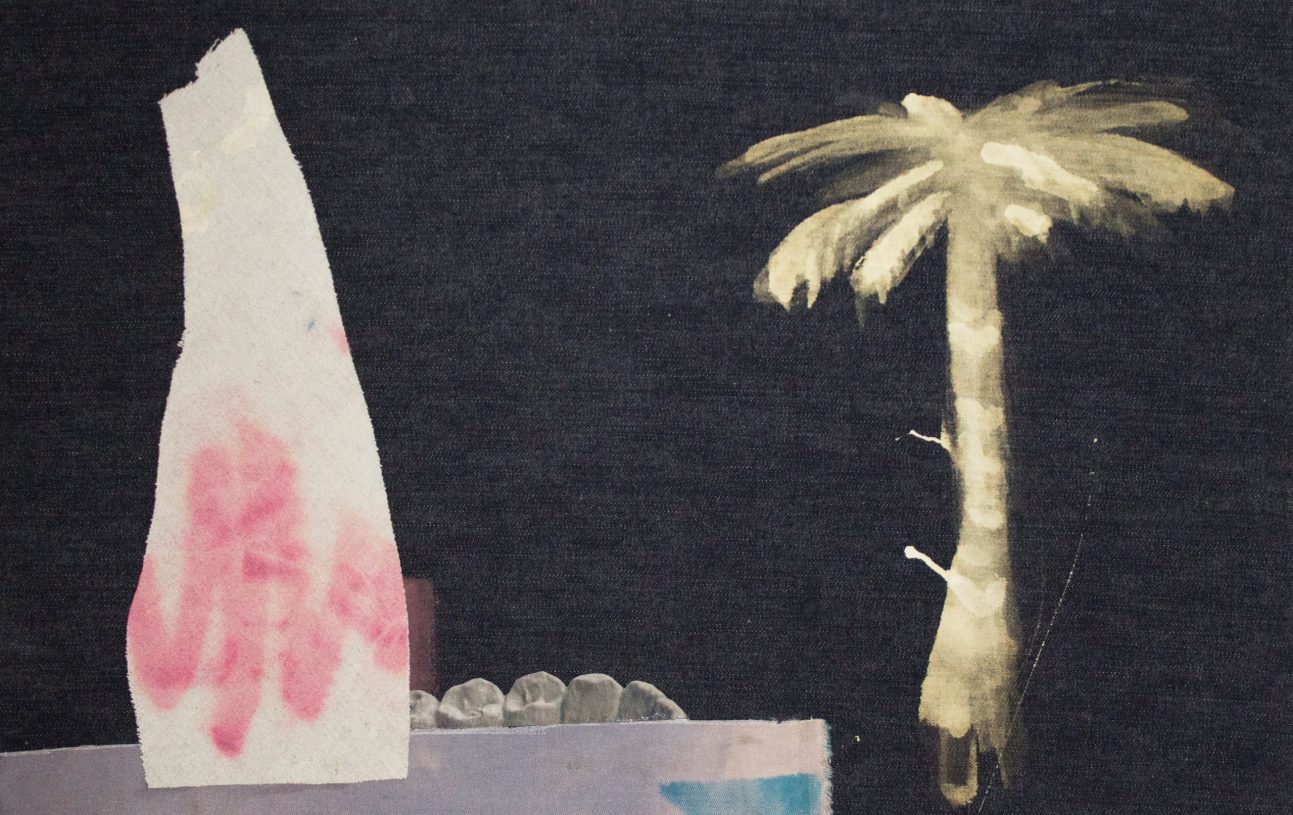 Anestis Ioannou, <i>Sometimes, I Think of Myself as a Future Memory (Palm II)</i>, 2020, acrylics, textile & collage on bleached denim, 36x57 cm