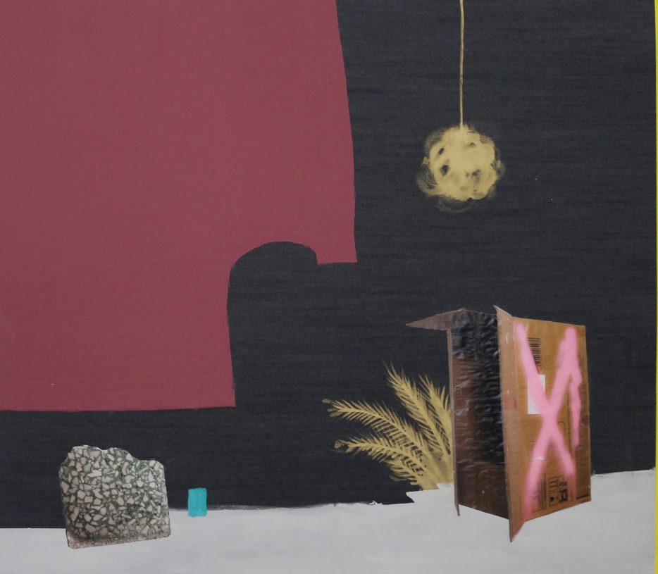 Anestis Ioannou, <i>Things I Might Have Forgotten, From a World I Am About to See (box)</i>, 2020, acrylics, textile & collage on bleached denim, 160x140 cm