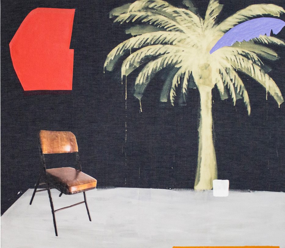 Anestis Ioannou, <i>Things I Might Have Forgotten, From a World I Am About to See (chair)</i>, 2020, acrylics, textile & collage on bleached denim, 160x140