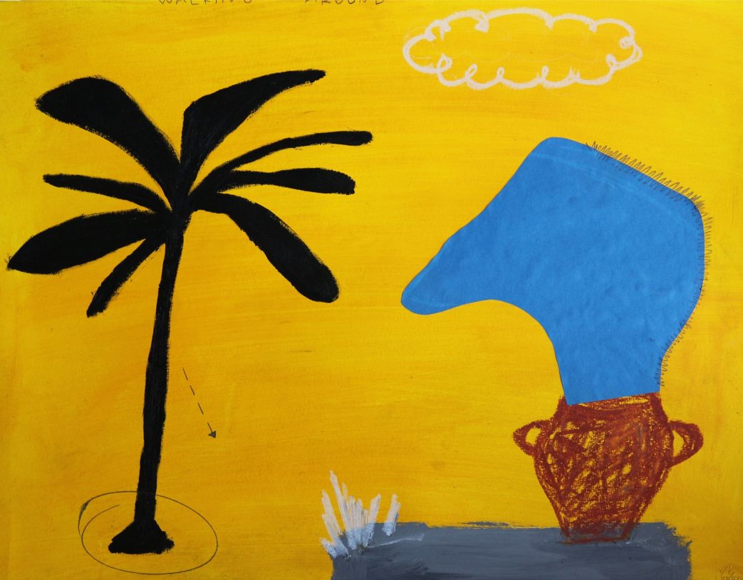 Anestis Ioannou, <i>Wandering Around</i>, 2021, acrylics, oil pastel, pencil and collage on paper, 50x65 cm