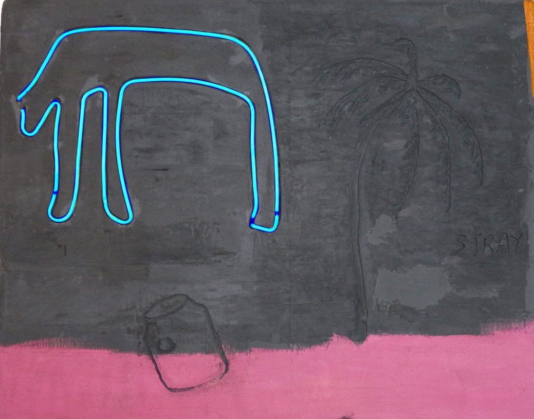 Anestis Ioannou, <i>Stray Dog</i>, 2021, neon lights, spraypaint, acrylics and concrete mixture on wood, 159x129x10 cm