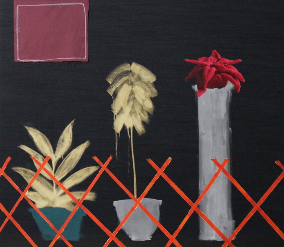 Anestis Ioannou, <i>4th Floor's Balcony</i>, 2021, acrylics, oil pastel, textile & collage on bleached denim, 160x140 cm