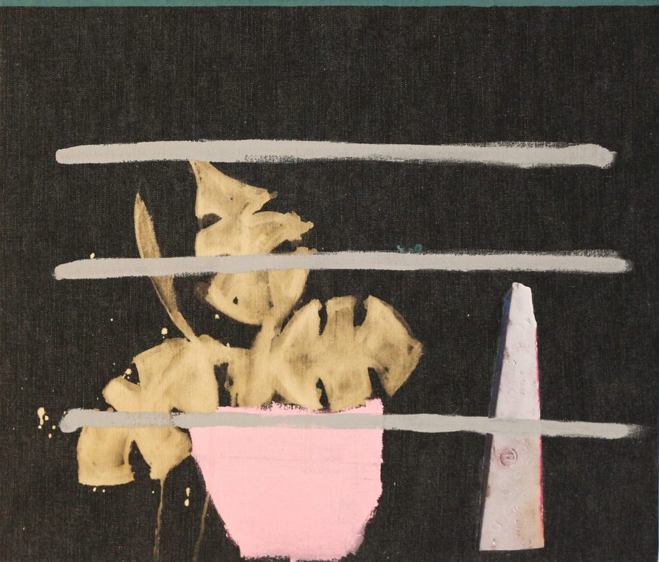 Anestis Ioannou, <i>Balcony Monstera and Marble</i>, 2021, acrylics and collage on bleached denim, 51x44 cm