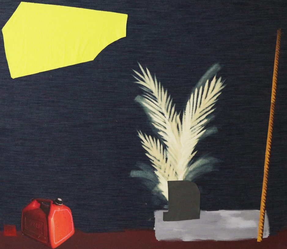 Anestis Ioannou, <i>Urban Backyard</i>, 2021, acrylics, oil pastel, textile & collage on bleached denim, 160x140 cm