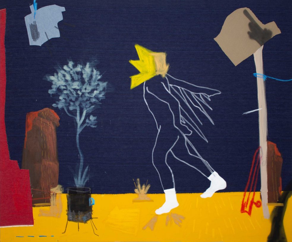 Anestis Ioannou, <i>Attempt to Fly</i>, 2024, acrylics, oil sticks, oil pastels, pencil, spray paint, textiles and bleach on denim, 140x170 cm