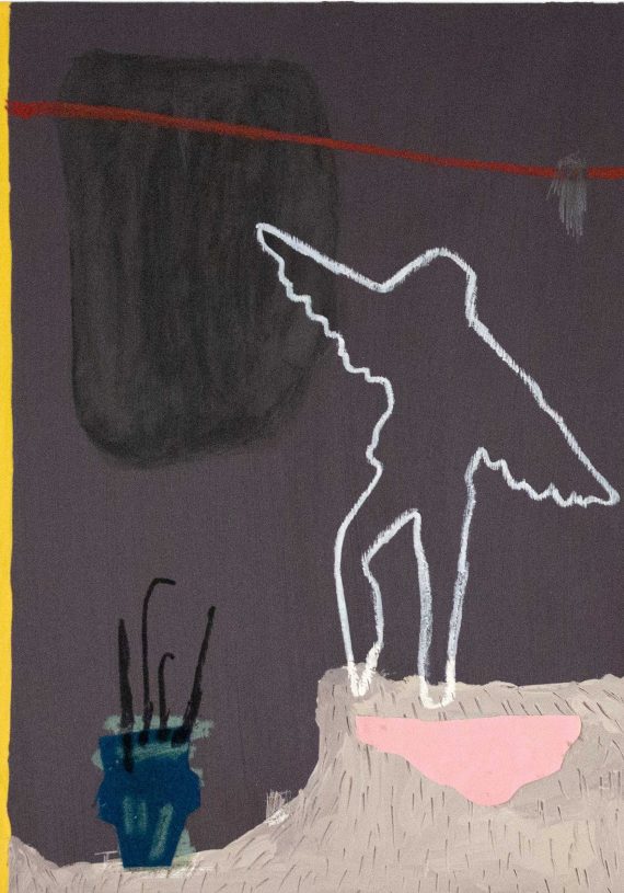 Anestis Ioannou, <i>Bird</i>, 2023, acrylics, oil pastel, textiles and pencil on wood, 35x50 cm