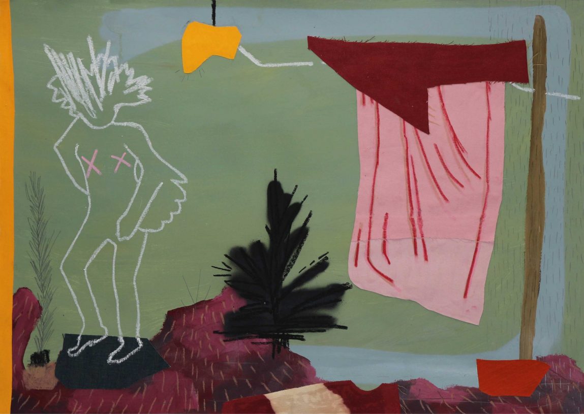 Anestis Ioannou, <i>Birdman and pink cloth</i>, 2024, acrylics, pencil, oil pastel, spray paint and textiles on paper, 70x100 cm