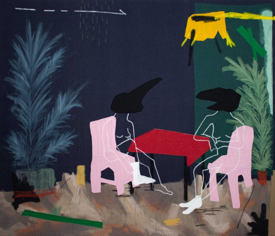 Anestis Ioannou, <i>Birdmen conversing on red table</i>, 2025, acrylics, oil sticks, oil pastels, pencil, spray paint, textiles and bleach on denim, 180x210 cm