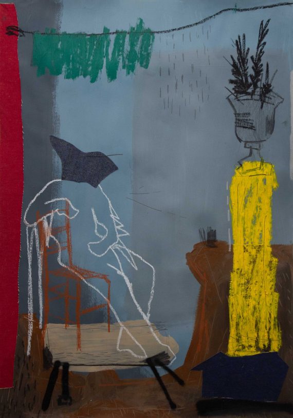 Anestis Ioannou, <i>Drunk birdman</i> 2024, acrylics, pencil, charcoal, oilpastel, oilstick, spray paint, denim and textiles on paper, 100x70cm