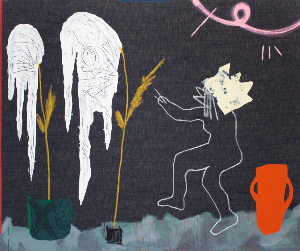 Anestis Ioannou, <i>Flower Picker</i>, 2024, acrylics, oil pastel, pencil, spray paint, textiles and bleach on denim, 150x180 cm