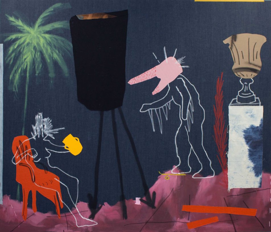 Anestis Ioannou, <i>Man dancing Zeibekiko</i>, 2024, acrylics, oil sticks, oil pastels, pencil, spray paint, textiles and bleach on denim, 180x210 cm