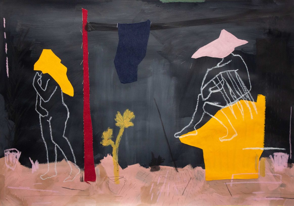 Anestis Ioannou, <i>Pistheteros and Vasilia</i>, 2024, acrylics, pencil, charcoal, oil pastel, oil sticks, spray paint, denim and textiles on paper, 70x100 cm