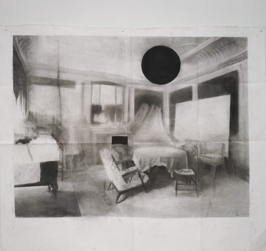 Vangelis Gokas, <i>A.W.  (Interior)</i>, 2019-20, charcoal, 140x150 cm
