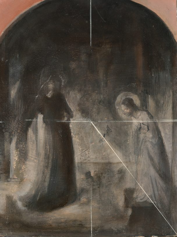 Vangelis Gokas, <i>After a Photocopy I (Fra Angelico, Annunciation)</i>, 2020-21, oil on wood, 40x30 cm