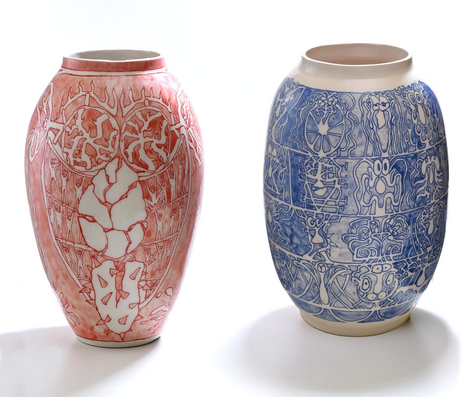 ath1281, <i>Yall need to listen</i> (red vase), 2020, glazed earthenware, 32x20 cm & <i>Cope</i> (blue vase), 2021, glazed earthenware, 31x19 cm