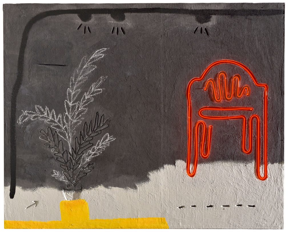 Anestis Ioannou, <i>Athenian Summer Night</i>, 2021, acrylics, oil pastel, neon light and engraved concrete mixture on wood, 154x124 cm