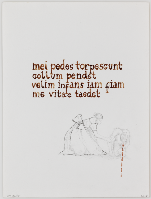 Jan Fabre, <i>Mei pedes torpescunt collum pendet velim infans iam fiam me vitae tandet</i>, 2005, from the series Je suis sang, HB pencil and blood on paper, 56,5x46,5x3,4 cm with frame