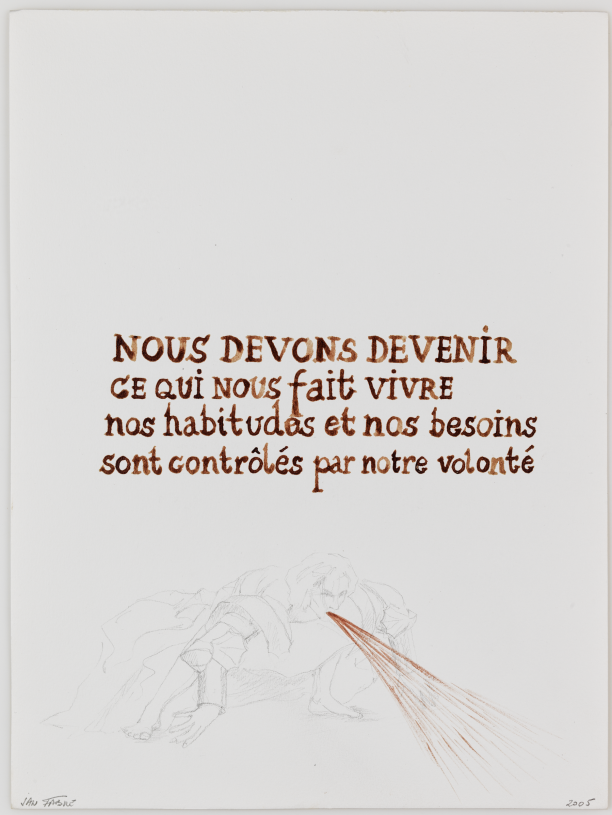 Jan Fabre, <i>Nous devons devenir ce qui nous fait vivre nos habitudes et nos besoins sont contrôlés par notre volonté</i>, 2005, from the series Je suis sang, HB pencil and blood on paper, 56,5x46,5x3,4 cm with frame