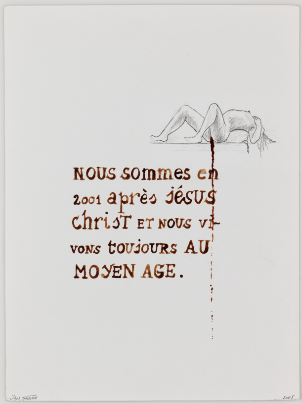 Jan Fabre, <i>Nous sommes en 2001 aprés Jésus christ et nous vivons toujours au moyen age</i>, 2005, from the series Je suis sang, HB pencil and blood on paper, 56,5x46,5x3,4 cm with frame