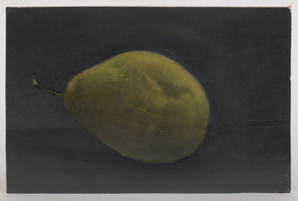 Vangelis Gokas, <i>Pear</i>, 2024, oil on wood, 14x21 cm