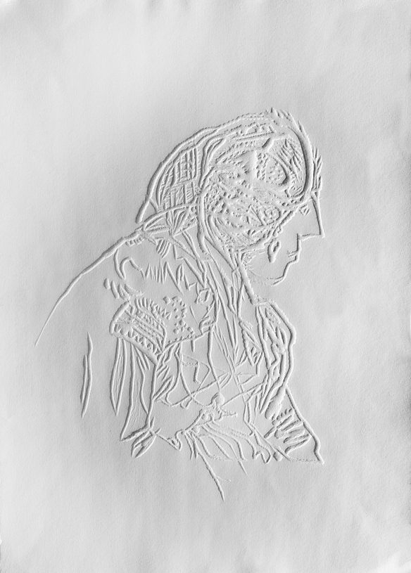 Katerina Zacharopoulou, <i>The woman before turning into a bird</i>, 2020-22, <br>dry embossing printing on Fabriano paper, 50x35.5 cm