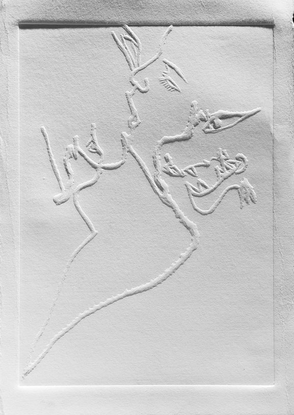 Katerina Zacharopoulou, <i>The kissing wolf</i>, 2020-22, <br>dry embossing printing on Fabriano paper, 35.5x25 cm