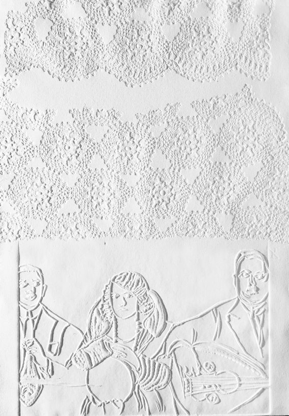 Katerina Zacharopoulou, <i>Rosa and lace from Asia Minor</i>, 2020-22, <br>dry embossing printing on Fabriano paper, 50x35 cm