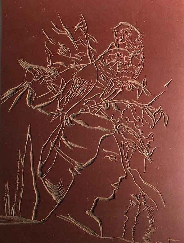 Katerina Zacharopoulou, <i>Large parrot, small parrot and three trees</i>, 2020-22, linoleum carving, 40.3x30 cm