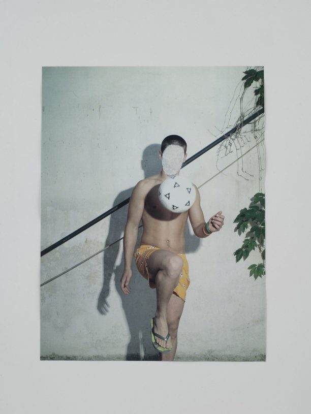 Caroline May, <i>Untitled (ball)</i>, 2016-21, magazine pages scraped and re-photographed, <br>44x34 cm, framed