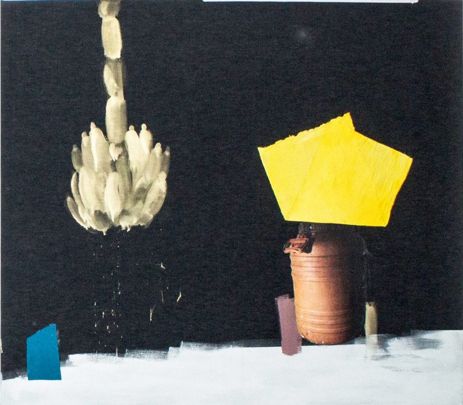 Anestis Ioannou, <i>Things I Might Have Forgotten, From a World I Am About to See (barrel)</i>, 2020, acrylics, textile and collage on bleached denim, 160x140 cm