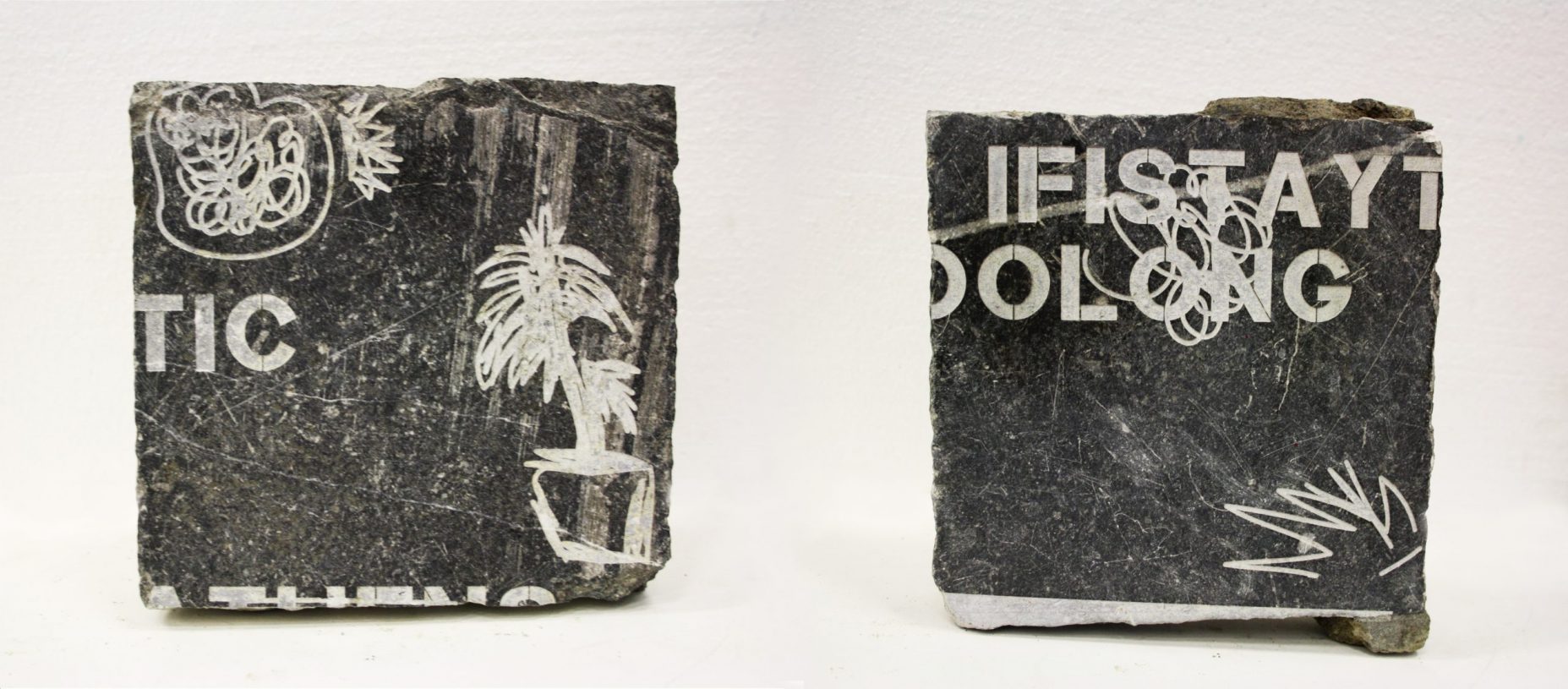 Anestis Ioannou, <i>TIC</i>, 2017, engraved granite, 20x20 cm & IFISTAY, 2017, engraved granite, 20x20 cm