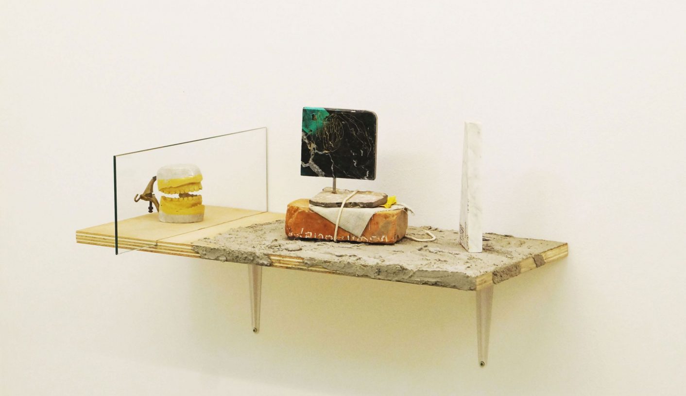Anestis Ioannou, <i>Out My Window</i>, 2019, concrete, glass, wood, plaster, brick, textiles, rope, marble, ink, 80x38x29 cm, installation view from <i>Foundation(s)</i>, Hydroexpress project, Piraeus, Greece