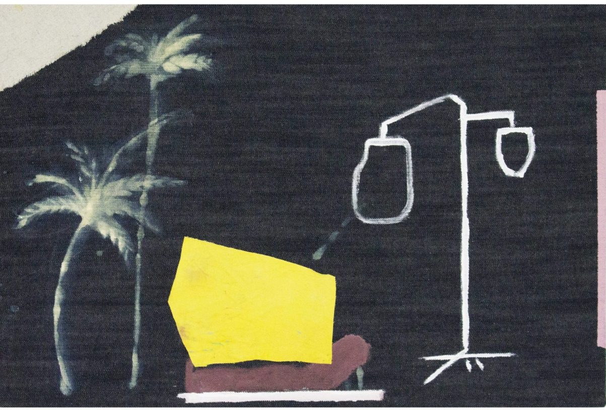 Anestis Ioannou, <i>Chemobed</i>, 2020, acrylics and textile on bleached denim, 60x40 cm