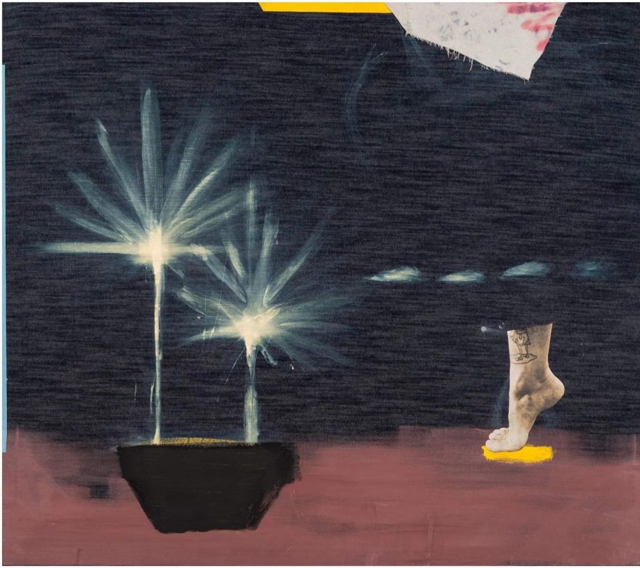Anestis Ioannou, <i>Dancing on My Balcony</i>, 2020, acrylics, textile and collage on bleached denim, 160x140 cm