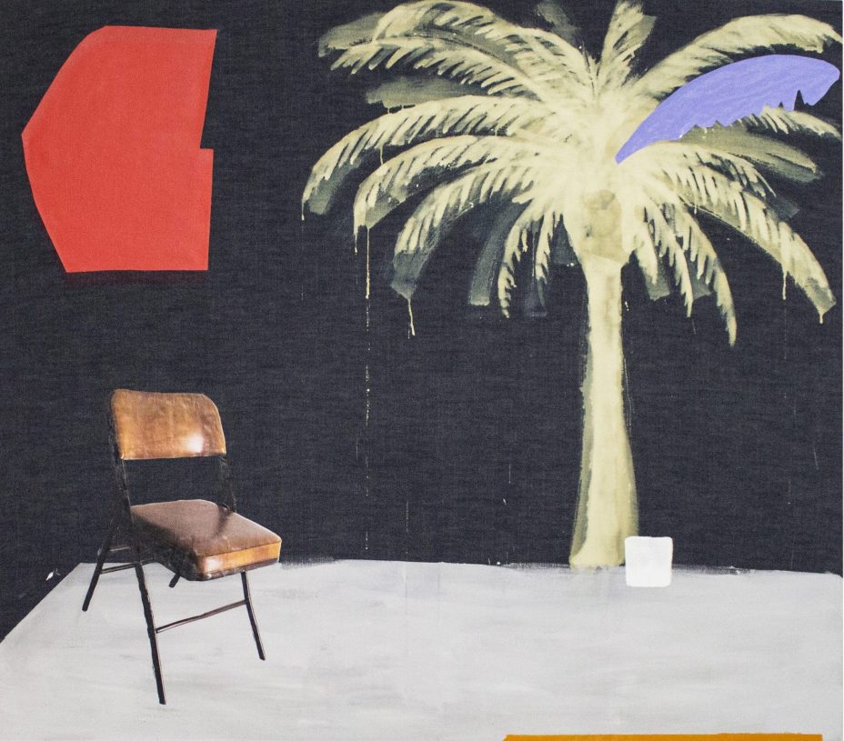 Anestis Ioannou, <i>Things I Might Have Forgotten, From a World I Am About to See (chair)</i>, 2020, acrylics, textile and collage on bleached denim, 160x140 cm