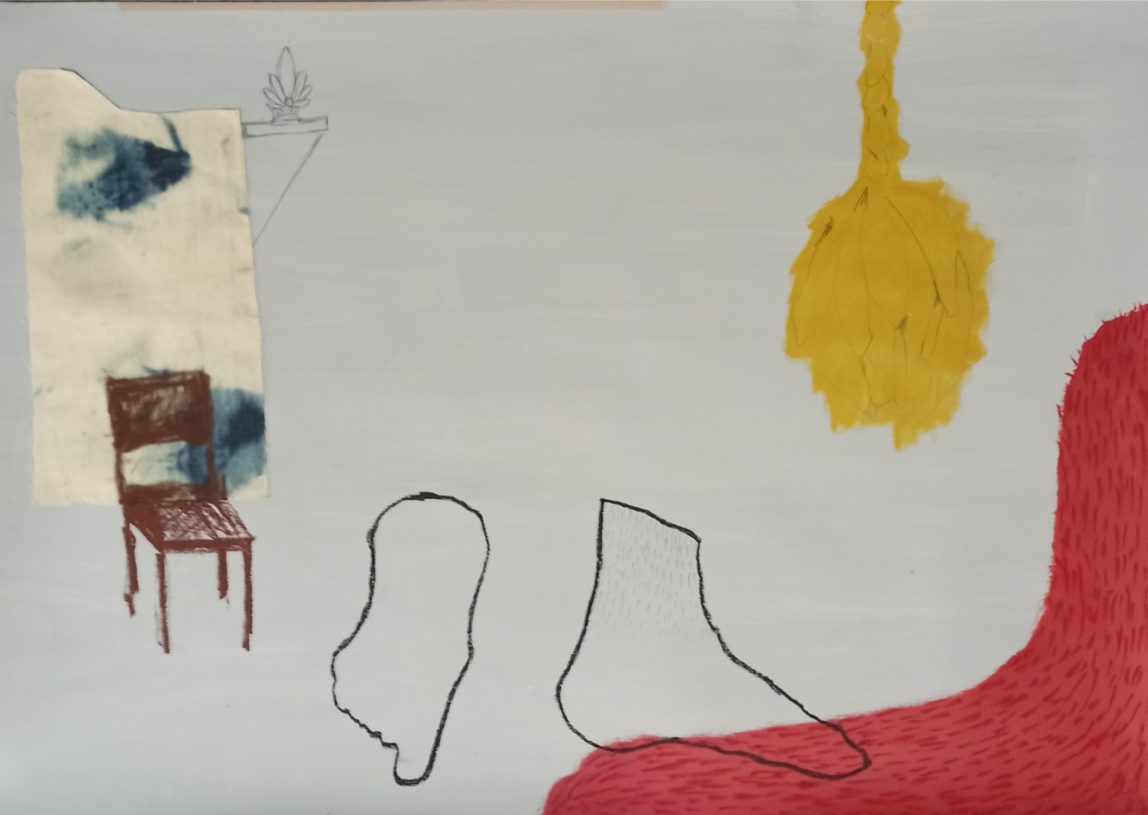 Anestis Ioannou, <i>Barefoot on a Brown Chair</i>, 2022, acrylics, pencil, oilstick and bleached denim on paper, 70x100 cm