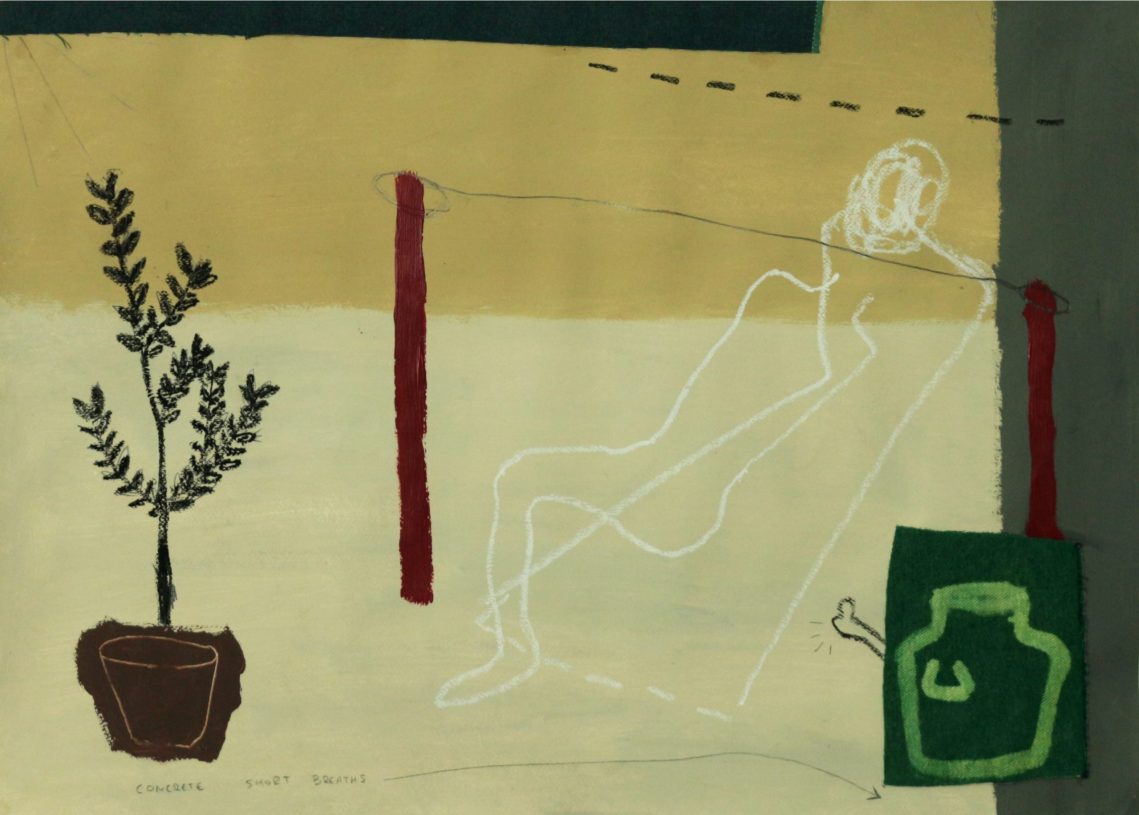 Anestis Ioannou, <i>Landscape Body (Limbo Study)</i>, 2022, acrylics, pencil, oilstick and denim on paper, 50x70 cm