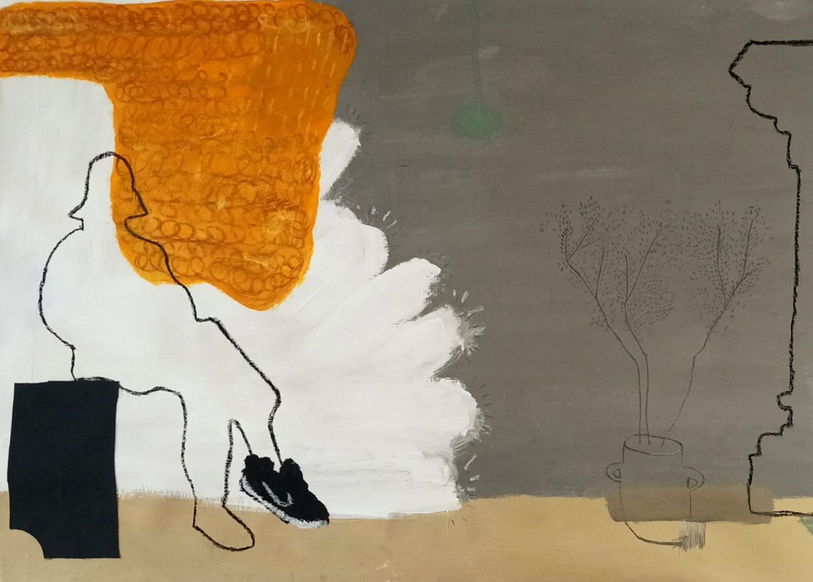 Anestis Ioannou, <i>Landscape body (nike)</i>, 2022, acrylics, pencil, oilstick and textile on paper, 70x100 cm