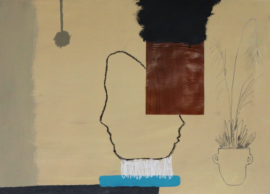 Anestis Ioannou, <i>Manders' Heads Landscape Study</i>, 2022, acrylics, pencil, oilstick and denim on paper, 50x70 cm