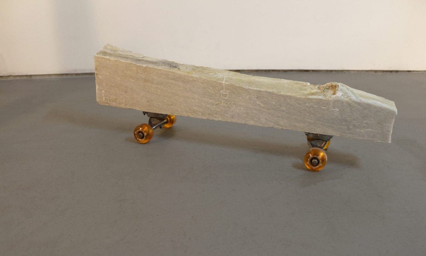 Anestis Ioannou, <i>New Sun V (palm)</i>, 2022, skateboard trucks and wheels on marble, 85x10x8 cm